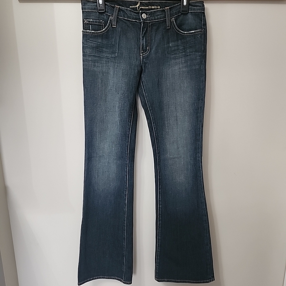 Bebe Dark Wash Flare Bling Jeans USA Y2K Low Rise 29 32 X 33